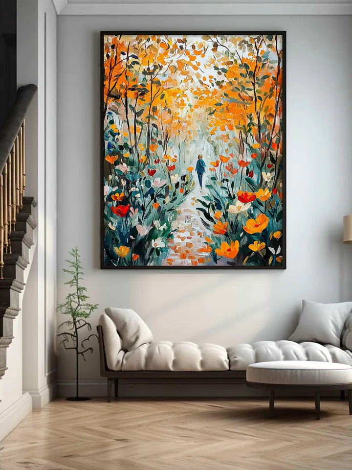 Impasto Autumn Forest Path Oil Painting on Canvas, Woman Walking in Woods, Textured 3D Landscape Art, Nature Wall Art Decor,Fall Foliage Art
