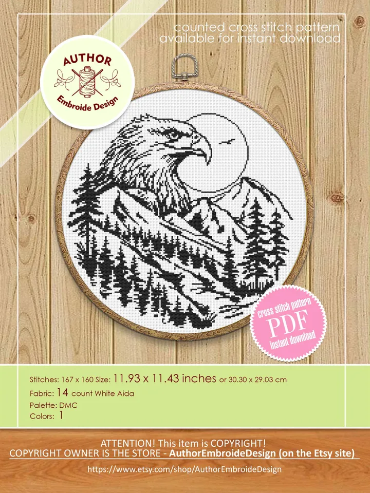 Bald eagle cross stitch pattern PDF download Mountain landscape cross stitch chart, Monochrome nature pattern digital, Beginner stitch #L83