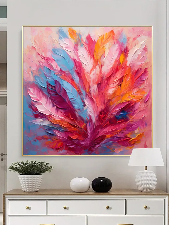Original Colorful Feathers Oil Painting On Canvas, Large Wall Art, Abstract Colorful Painting, Custom Painting, Living room Home Wall Decor