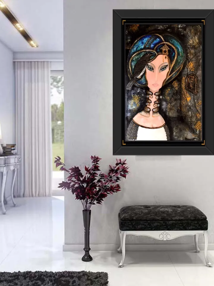 Woman portrait painting,Fantasy portrait of a woman with watches and magpie,collage background,acrylic on stretched canvas.