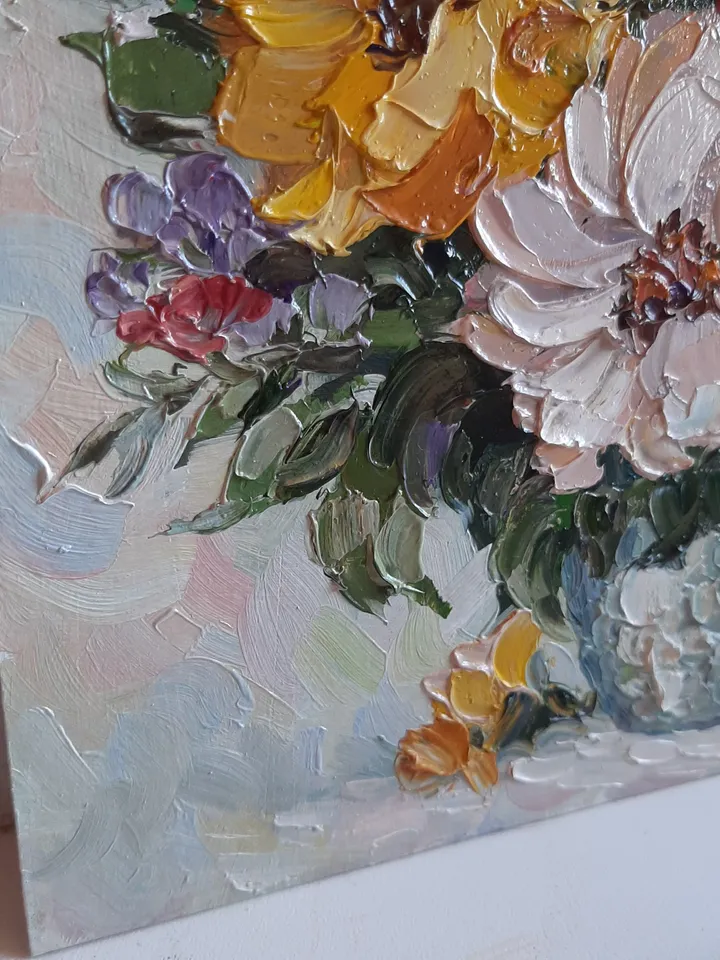 Small Flower oil painting Original art Textured Vaze wall art Yellow flowers painting