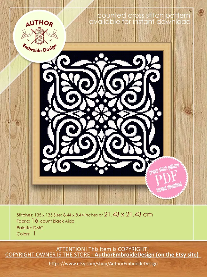 Square mandala cross stitch pattern download PDF Modern vintage ornament cross stitch chart Mandala pattern digital PDF, Home decor #M171