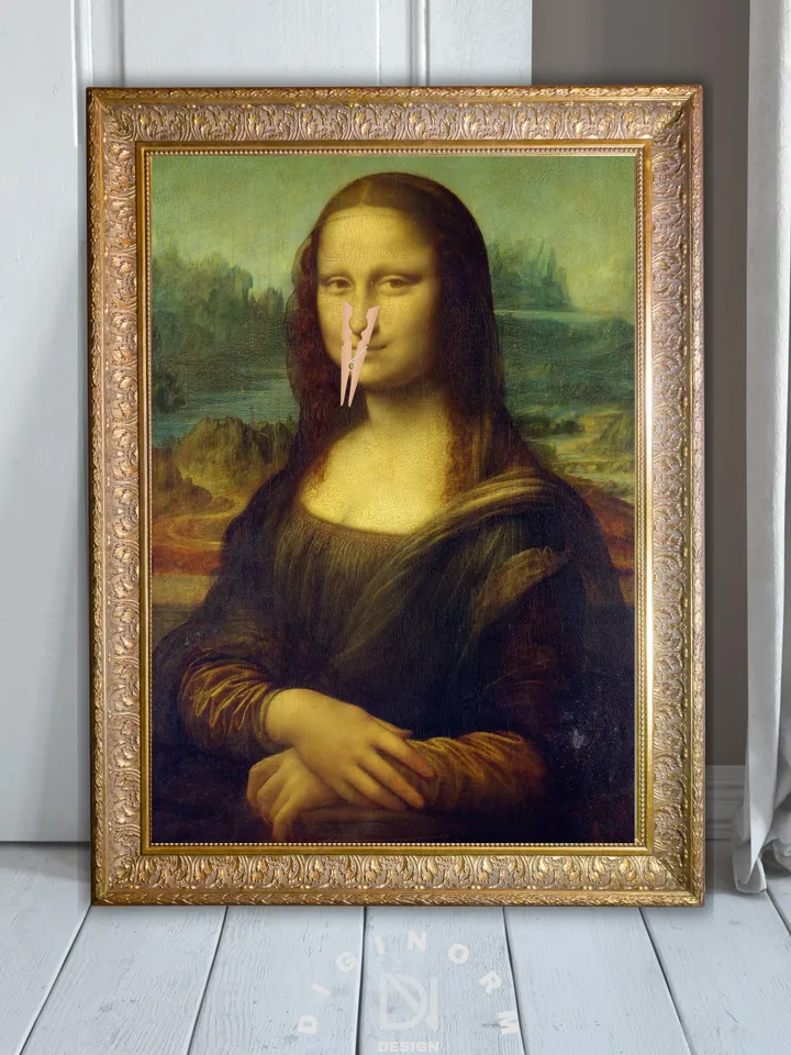 Funny Bathroom Altered Art, surreal Mona Lisa, Eclectic extra large wall art, Maximalist art vintage print, Prank Gift, funny bathroom signs