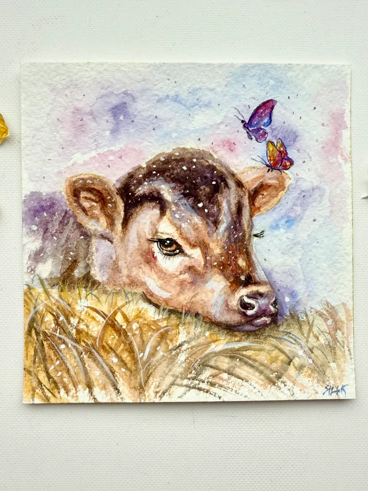Cow Painting Original Watercolor Painting Farm Art Gift Small Animal Artwork Illustration 5 by 5