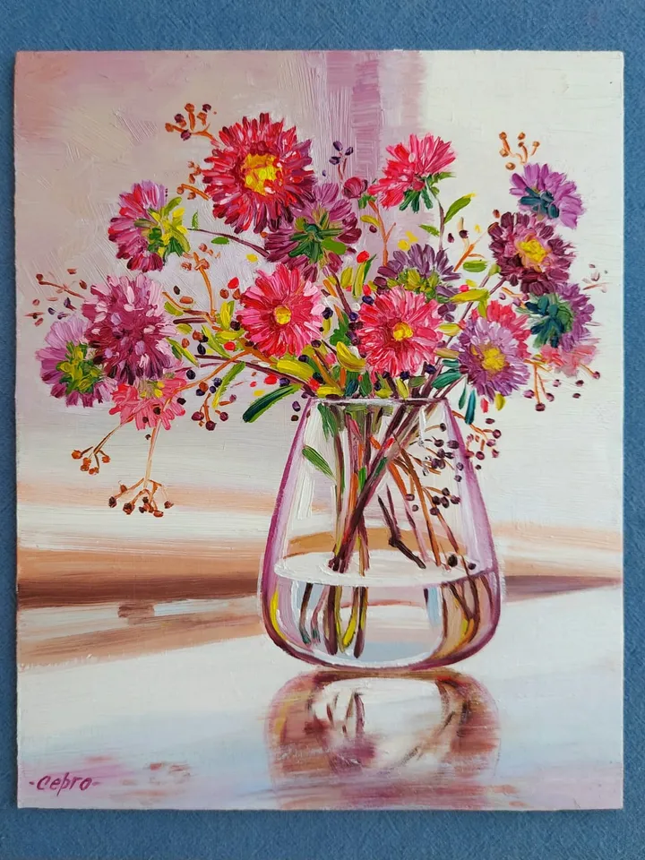 Asters Flowers Original Oil Painting Wall Art