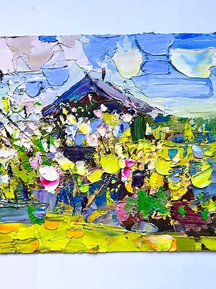 Blooming tree Painting Original Painting village Artwork Impasto Oil Painting
