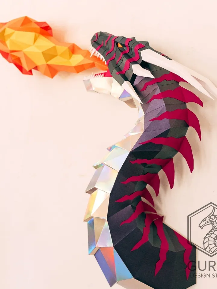 Papercraft Dragon With Flame, Digital Template, PDF Download, Gurko, 3D Low Poly, Pepakura, DIY Origami Sculpture, Paper Decor, DIY Gift