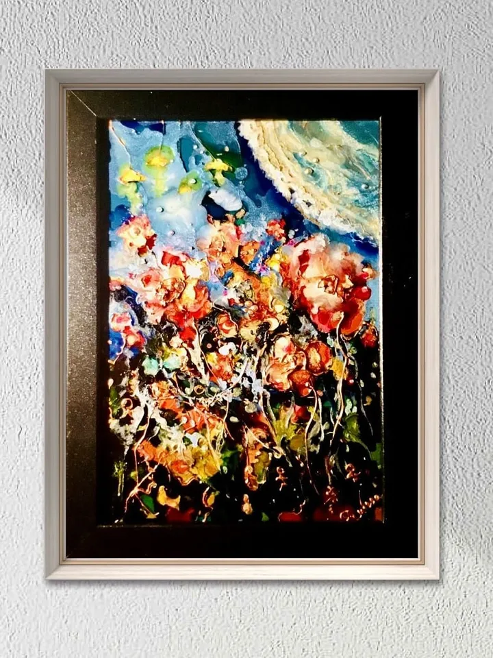 Abstract flowers stained glass panel,painting on glass,abstract painting,colourful flowers wall art,original handmade,unique gift.