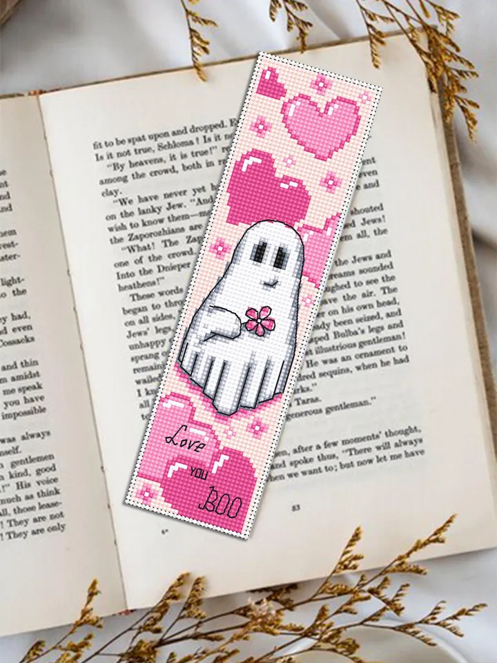 Ghost bookmark cross stitch pattern PDF download Valentine ghost cross stitch chart, Heart bookmark pattern digital PDF, Cute ghost #B370