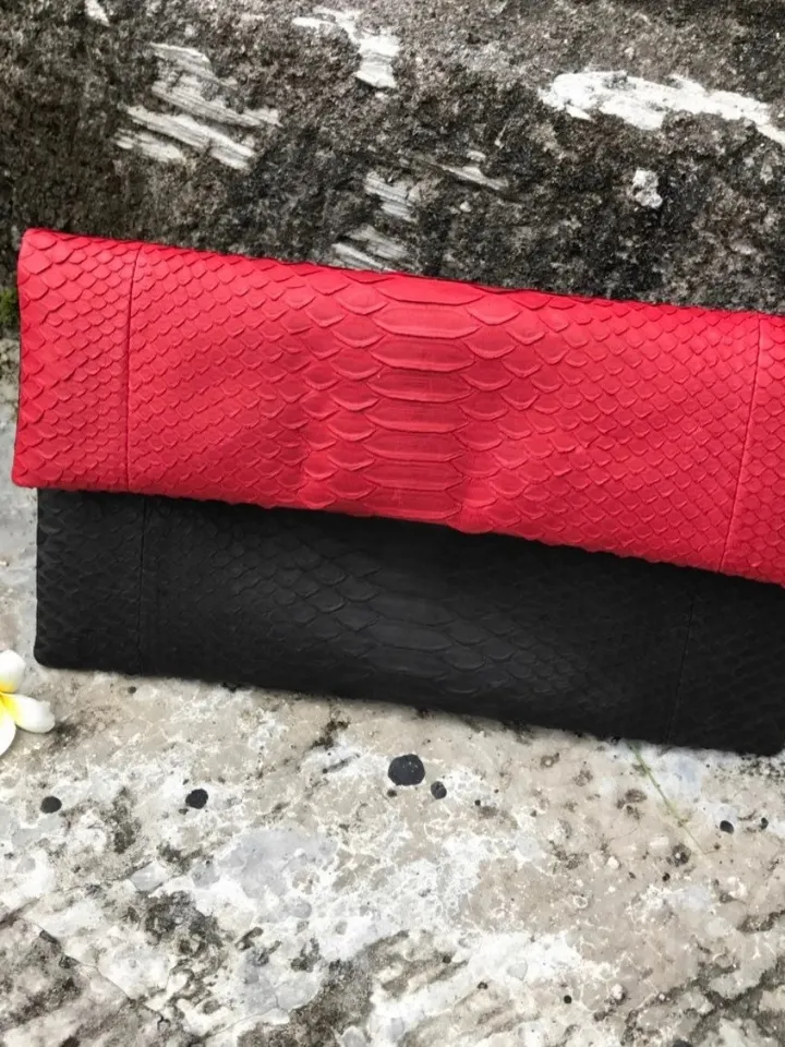 Genuine python skin black and red colorblock handmade clutch, classy elegant leather envelope bag, purse free shipping, flat snake clutch