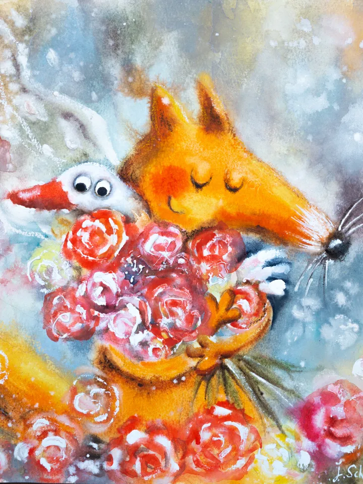 27x27cm Artwork by Julia Schigal "The Best Gift" - watercolor, gouache, pastel