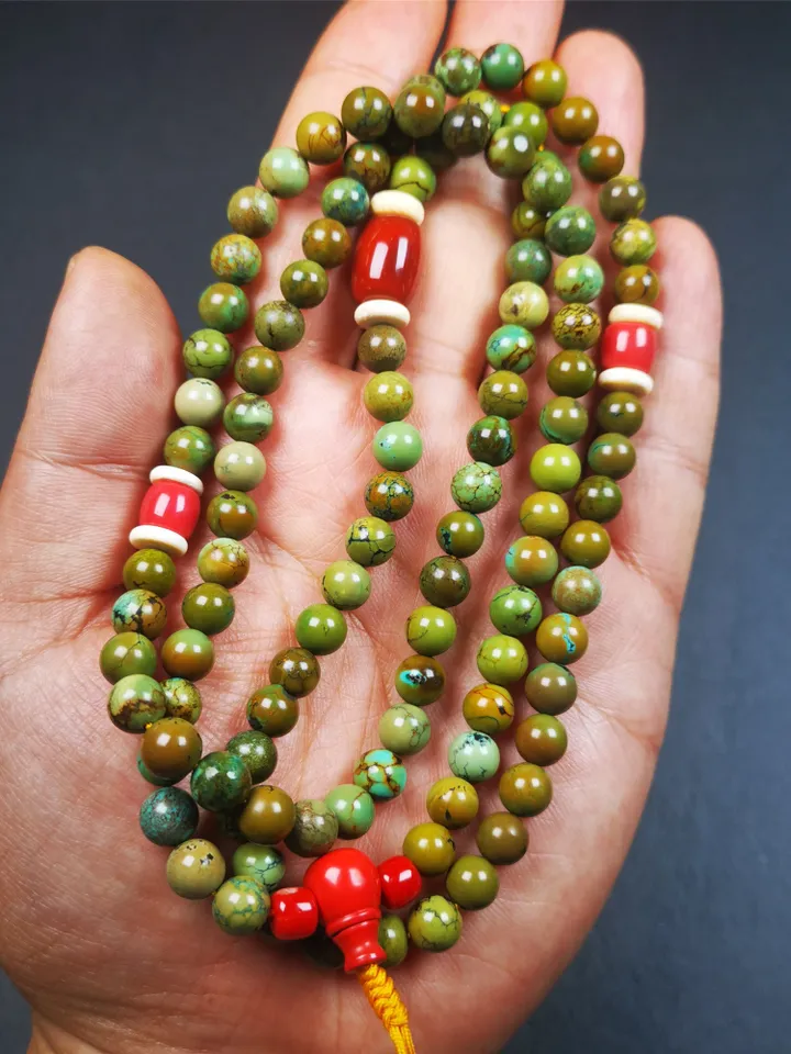 Gandhanra Old 108 Turquoise Beads Mala,Tibetan Prayer Beads for Meditation,Diameter 0.28", Circumference 32 inches