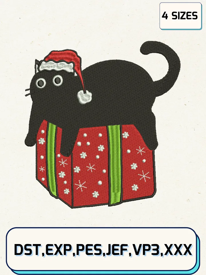 Black Cat Christmas Embroidery Designs,Christmas Embroidery Designs,Machine Embroidery Files,4 Sizes