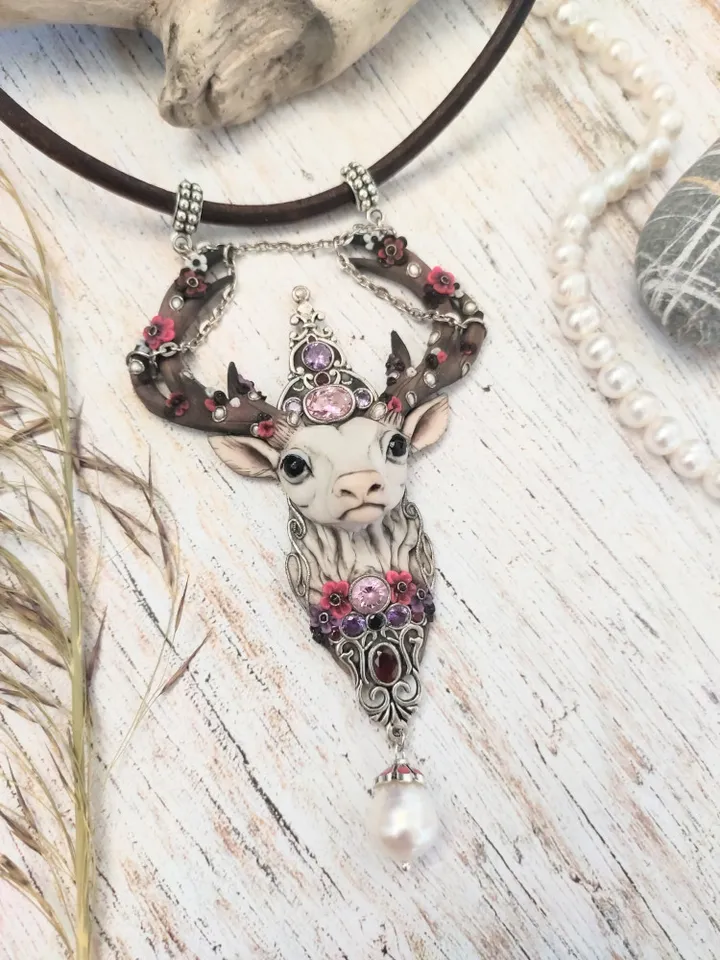 Deer pendant, Deer totem, Pearl pendant, necklace with stones, Ceitic deer amulet