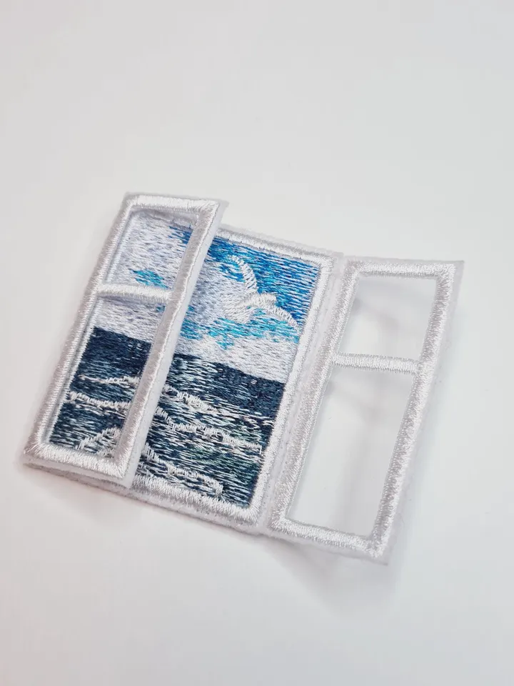 Machine embroidery design for art therapy: Brooch "Window with a sea view"