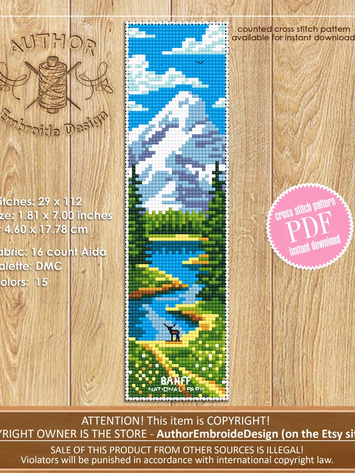 National Park bookmark set cross stitch pattern PDF download Nature cross stitch chart, Digital bookmark pattern PDF, Mountains, Lake #B226