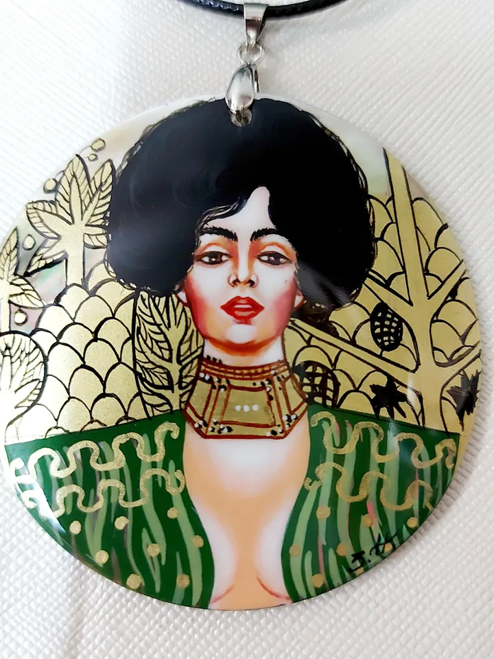 Pearl pendant necklace: Judith by Gustav Klimt on handmade necklace. Painted lacquer shell jewelry. Dainty gift for aesthetic women of power
