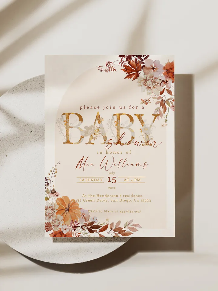 Rustic Autumn Baby Shower Invitation; Boho Flowers Baby shower; Little Pumpkin baby shower; editable template canva; Fall; Autumn; Pumpkin