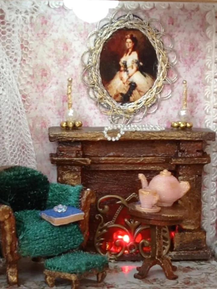 Mini-hall with fireplace, 1/48 scale miniature dollhouse with furniture