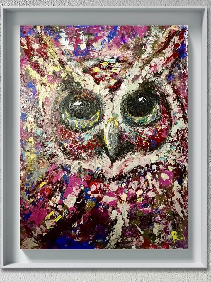 Colourful red owl painting on canvas board,original mix media brigh home decor wall hanging artwork,unique handmade gift for animal lovers
