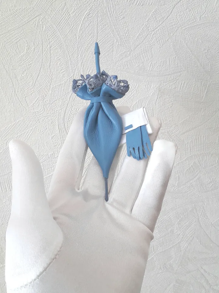 Blue leather brooch umbrella for her , 3rd anniversary gift for wife, Leather women's jewelry