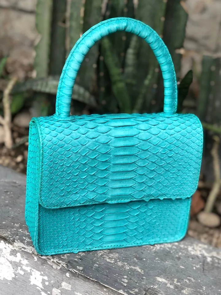Genuine python skin small cute top handle bag | summer bags | Exotic leather bags | bright turquise hand bag | designer handle womenbag