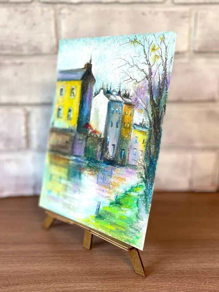 Town painting Oil pastel painting City street landscape Riverside art