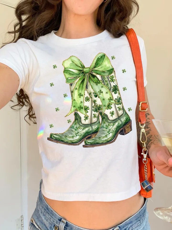 St. Patricks Day PNG Western Coastal Cowgirl PNG Clipart, Green Coquette Bow Cowboy Boots png Gold Glitter Shamrock Four Leaf Clover Design