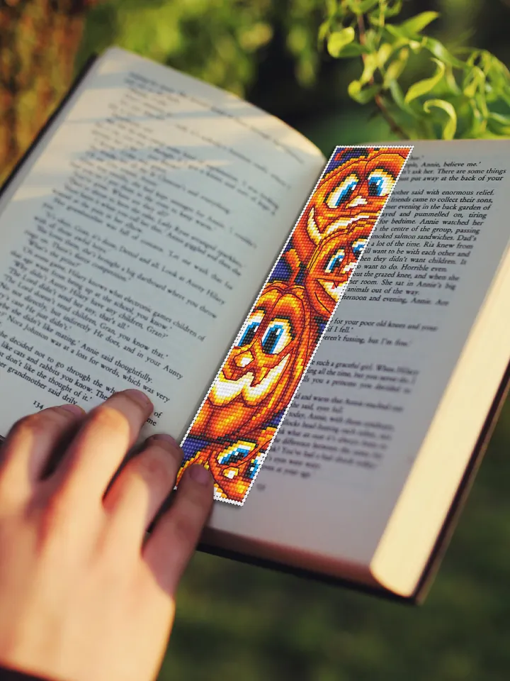 Halloween bookmark cross stitch pattern download PDF Handmade bookmark Pumpkin beginner stitch Kawaii Halloween digital Book lover gift #B57