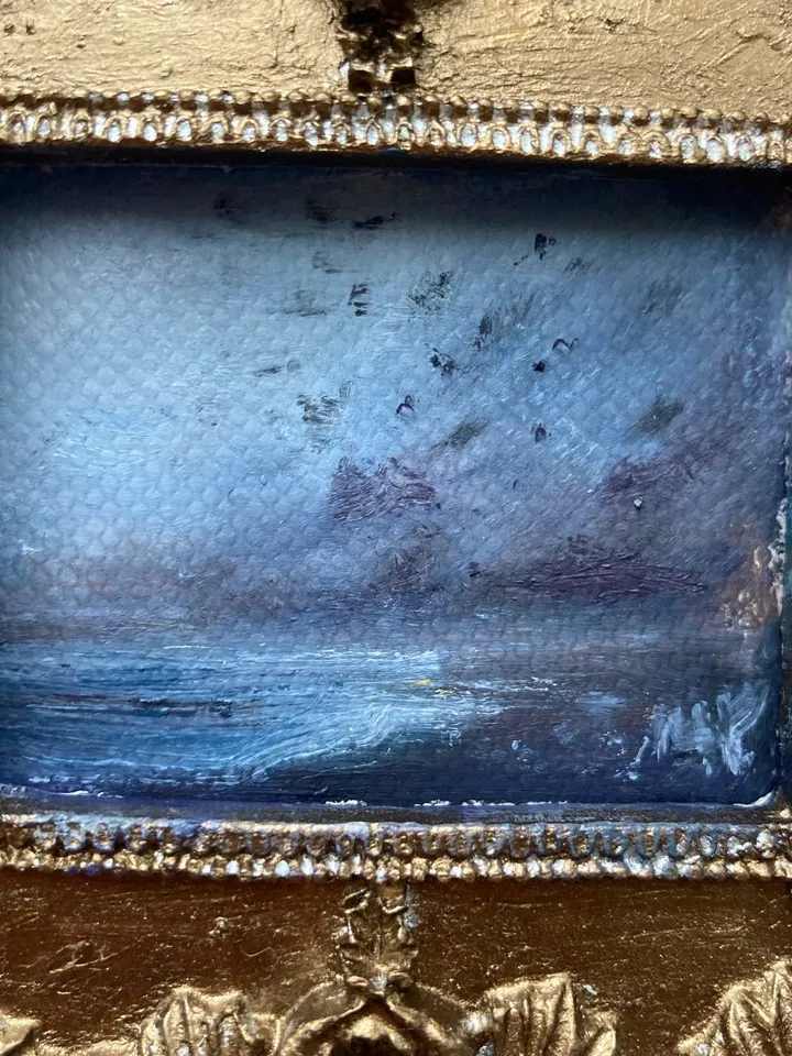 Small Landscape Oil Painting Framed Original Dark Ocean Art Coastal Antique Frame Tiny Paintings 3 x 4 Art Victorian artwork