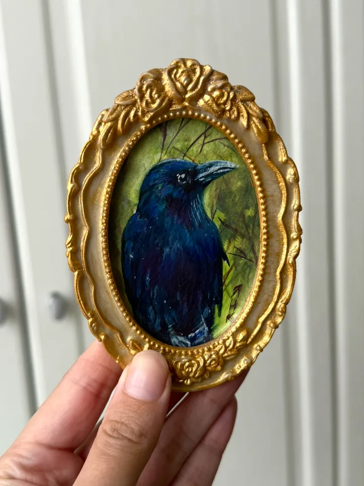 Framed Bird Raven Painting Small Original Witch’s Friend Artwork Crow Art Tiny Oval Painting Bird