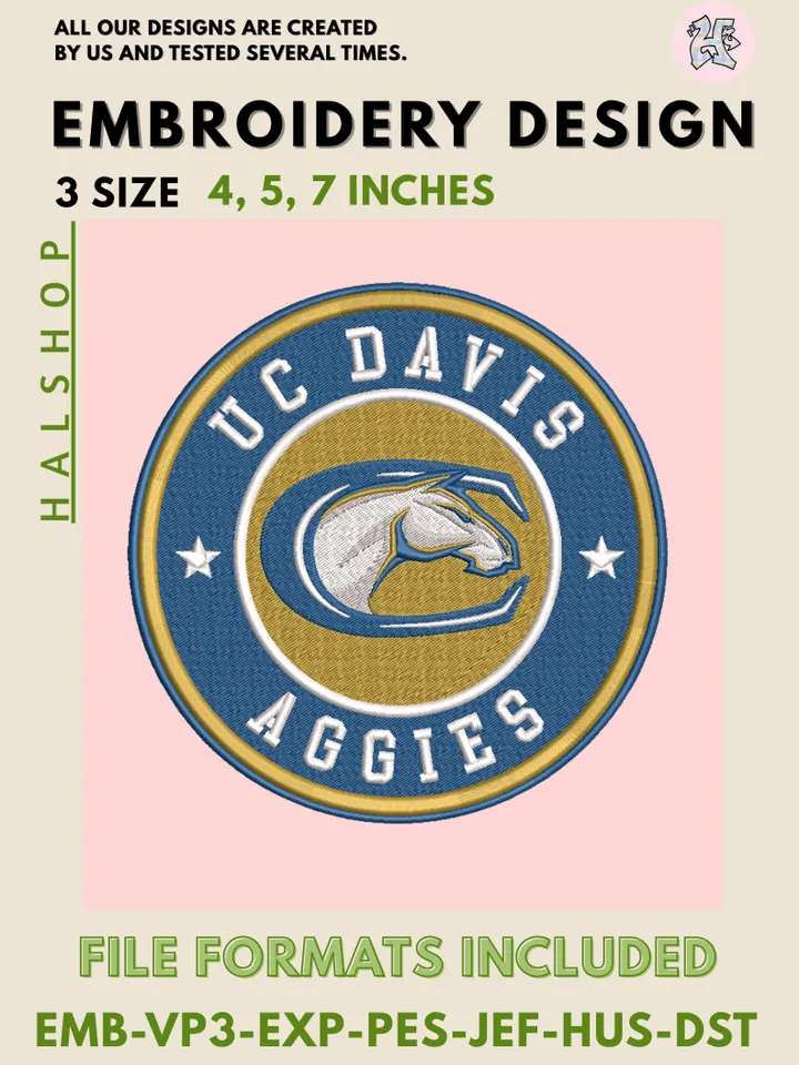 NCAA UC Davis Aggies Logo Embroidery Design, College Team Machine Embroidery Files, Digital Download