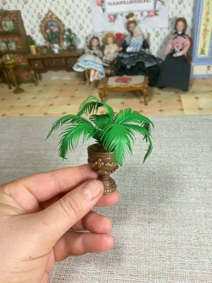 Palm tree in a brown-golden flowerpot. Dollhouse miniature. Handmade. 1:12.
