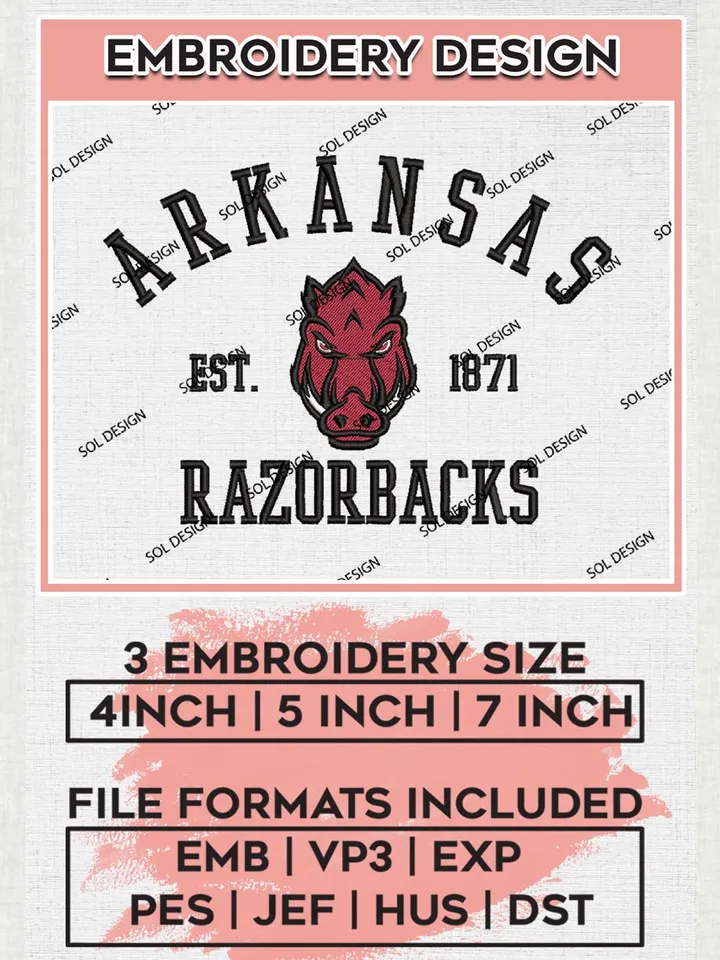 Arkansas Razorbacks Est 1871 Logo Embroidery Designs, NCAA Arkansas Razorbacks Team Embroidery, NCAA Team Logo, 3 sizes, Machine embroidery Files, Digital Download