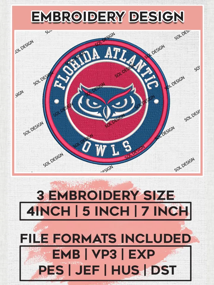 NCAA Florida Atlantic Owls Round Logo Embroidery, NCAA Florida Atlantic Owls Logo Embroidery files, NCAA Teams, Machine embroidery designs, Digital Download