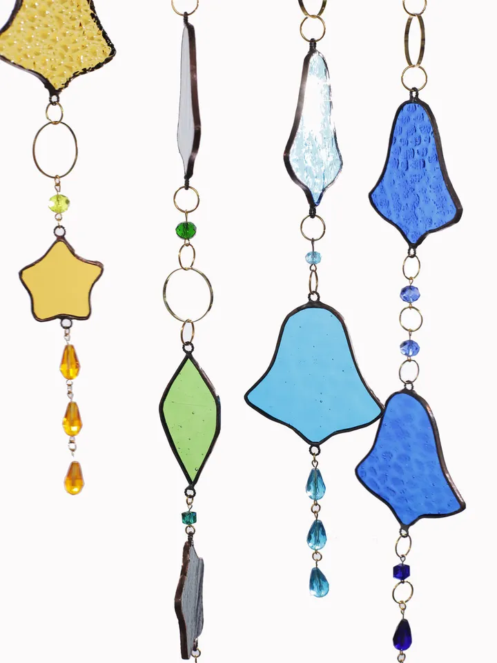 Garlands. Children's. Bells. Stars, Childhood Garland, Glass Bell Garland, Star Garland, Stained Glass Garland, Whimsical Glass Decorations, Holiday Garland with Bells and Stars
