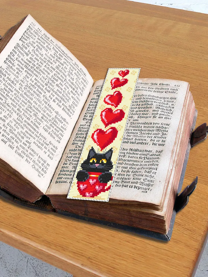 Cat Bookmark cross stitch pattern download PDF Handmade bookmark, Cute Black cat embroidery, Valentine bookmark Cat cup, Love hearts #B111