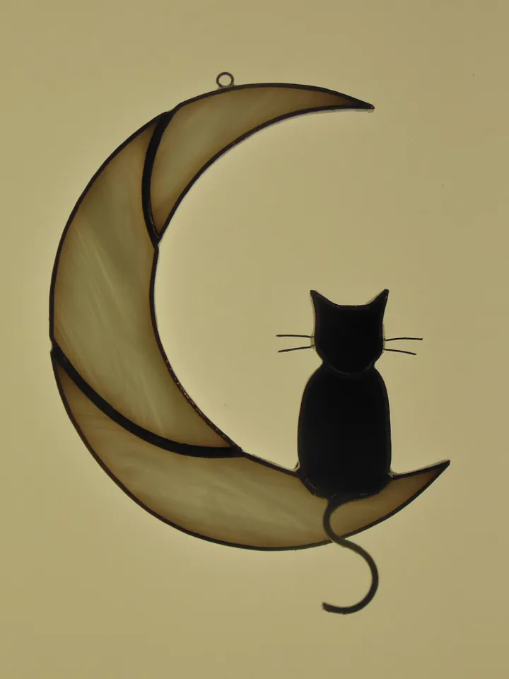 Black Cat On The Moon . Art stained glass window hanging Suncatcher . Gift for animal lover , pet loss memorial . White and black