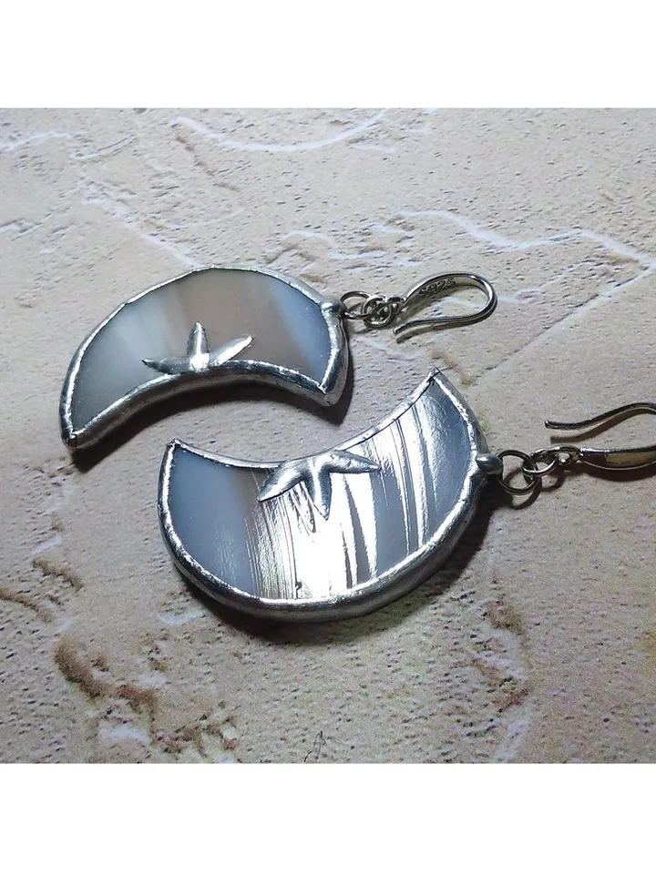 Glass crescent earrings, Moon and stars, Witchy goth aesthetic, Tin soldered moon earrings, Halloween, Witch earrings