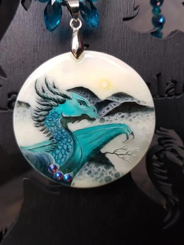 Dragon necklace. Miniature painting of dragon on mother of pearl pendant