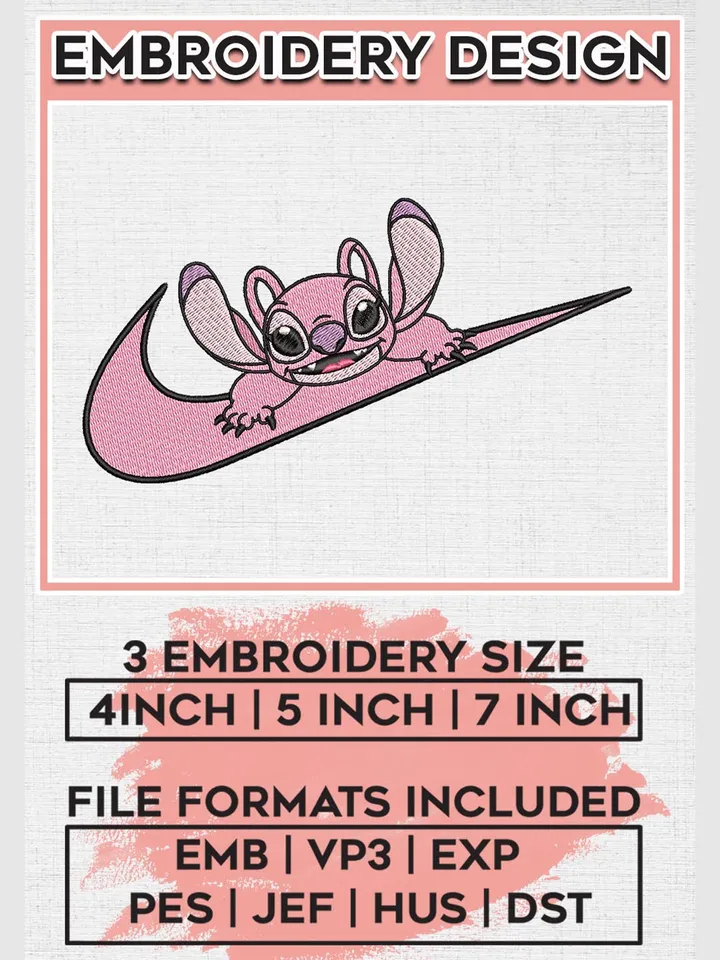 Swoosh Nike Angel Stitch Embroidery Designs, Lilo & Stitch Embroidery, Disney Embroidery Files, Machine embroidery Files, Digital Download
EMB_CARTOON_141