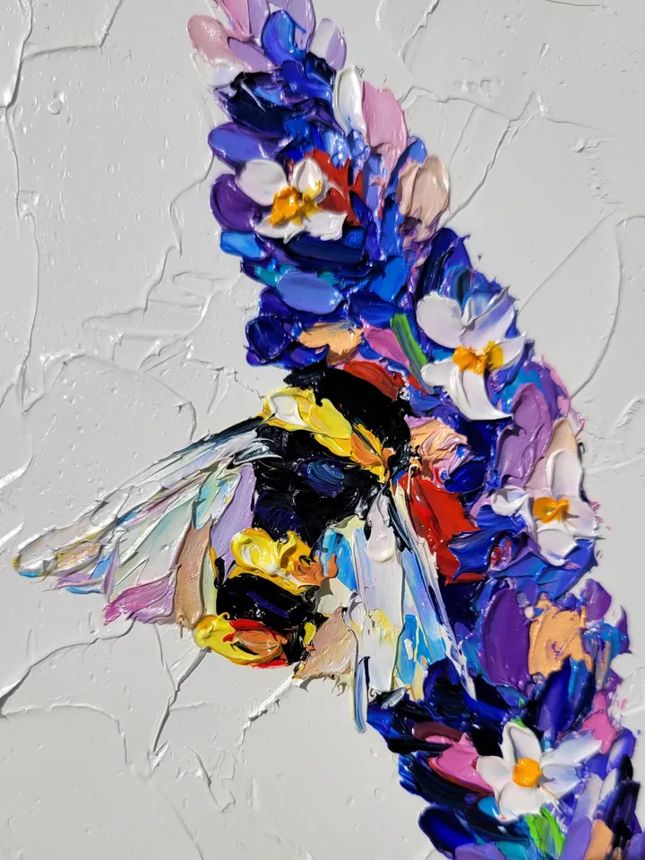 Bumble Bee Painting Lavender Flower Painting Bee Original Art Impasto Oil Painting 5x7 Honey Bee Artwork Floral Wall Art Small Painting by ArtFromVictoria