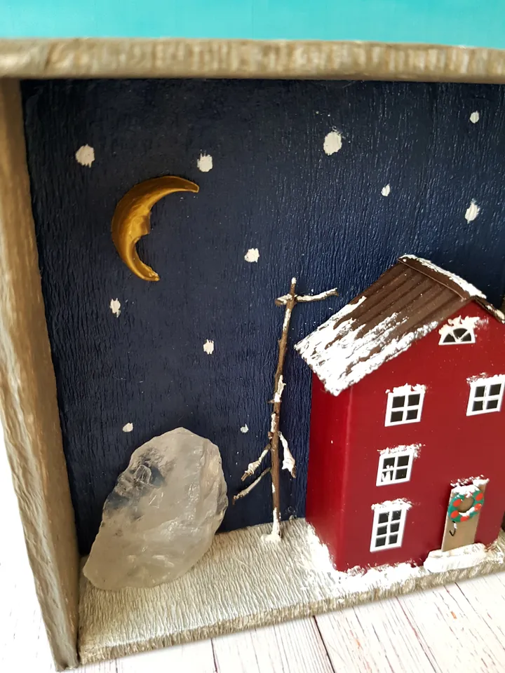 Miniature Christmas House Shadow Box 3D painting