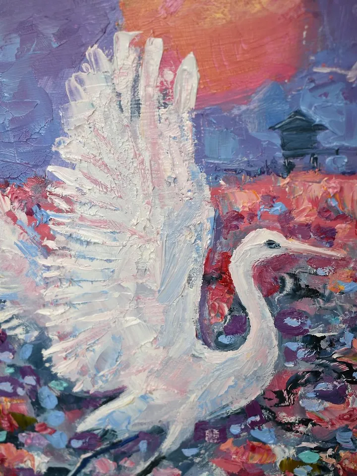 Heron Painting Thailand Original Art Red Lotus Artwork Bird Small Impasto Lake