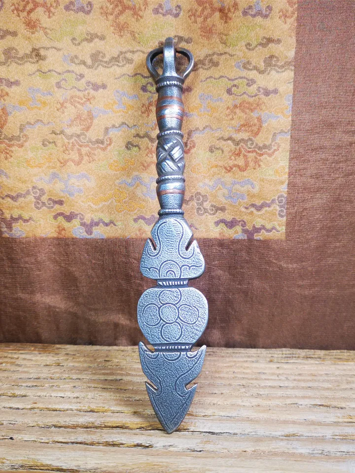 Gandhanra Handmade Tibetan Buddhist Ritual Implement - Kila -Dorje Phurba,Made of Cold Iron inlaid Copper,7.8"