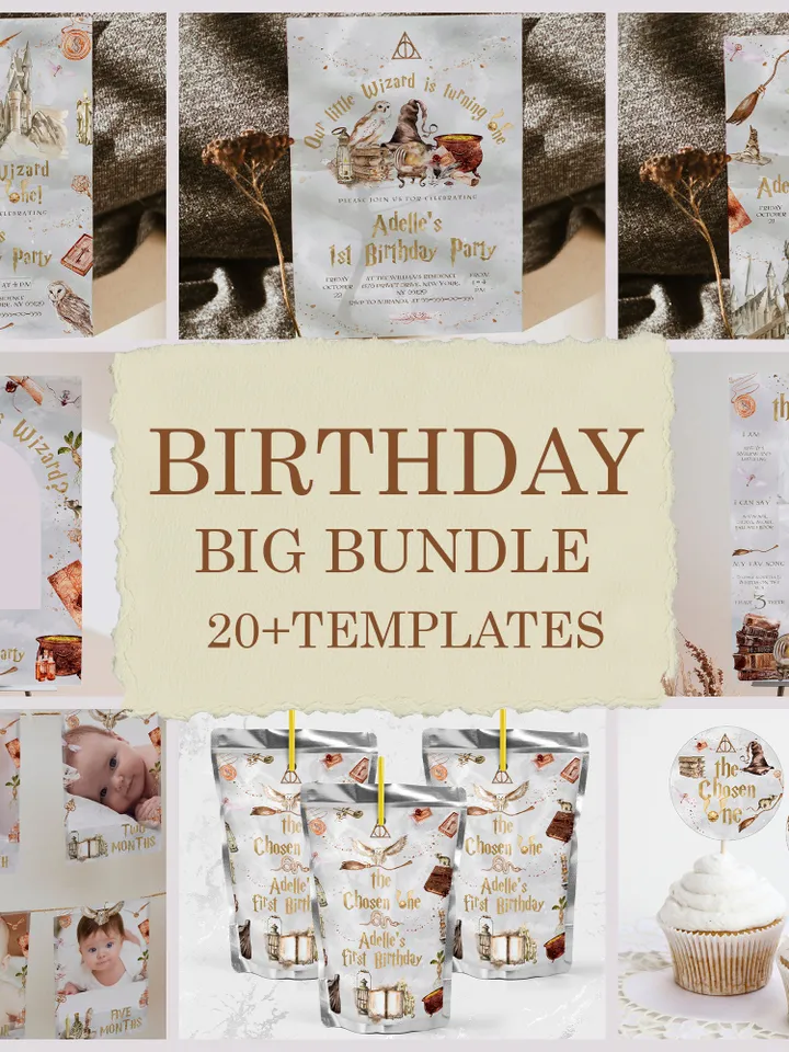The Chosen One Big Bundle; Wizard Birthday Party Bundle Templates; Magic School Birthday Party Template; Editable Wizard Party Template; W8