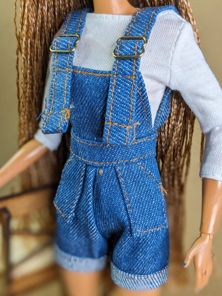 Dark blue denim jumpsuit shorts for 1/6 scale fashion female dolls
