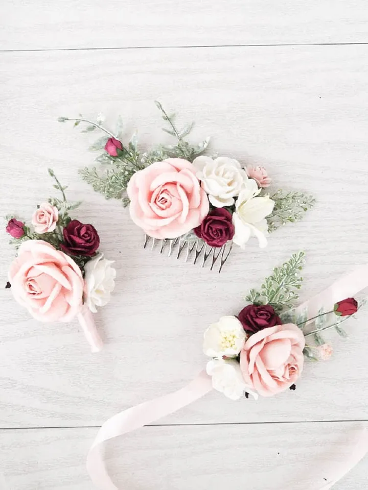Blush Burgundy flower hair comb, Bridesmaid hair piece, Bridal hair comb, Wedding hair comb, Blush rose hair