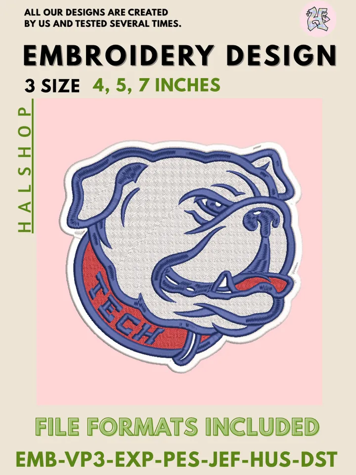 Louisiana Tech Bulldogs NCAA Team Funny Mascot Logo Embroidery Design Files – College Sports Machine Embroidery, 3 Sizes, Digital Instant Download