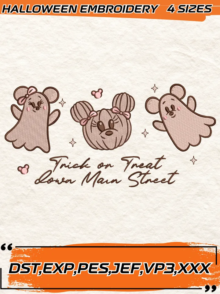 Magical Minnie Ghost Embroidery Design,Trick or Treat Main Street Embroidery Design, Halloween Design,4 Sizes,Digital Download